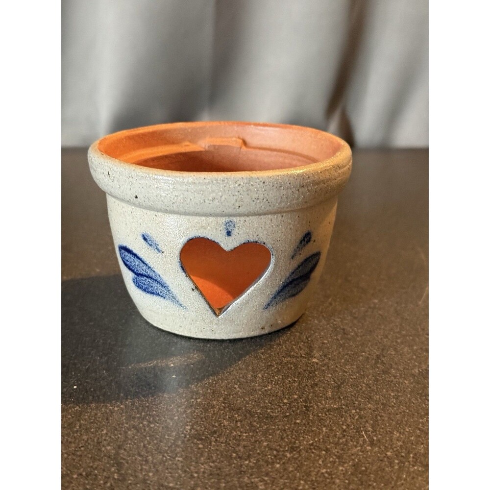 VTG 1987 Rowe Pottery Salt Glazed Blue Heart Hand Thrown Crock Candle Cottage